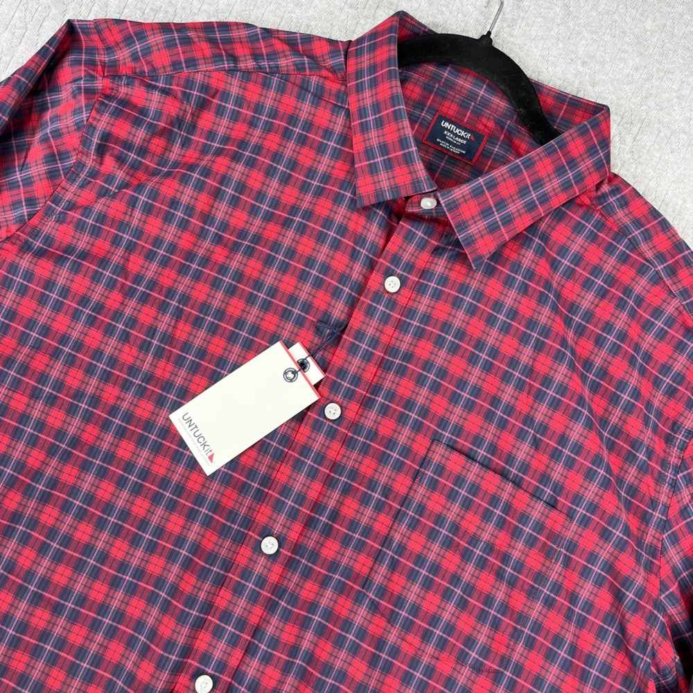 New UNTUCKit Stevenson Performance Button up Men XXXL Red windowpane Plaid Check